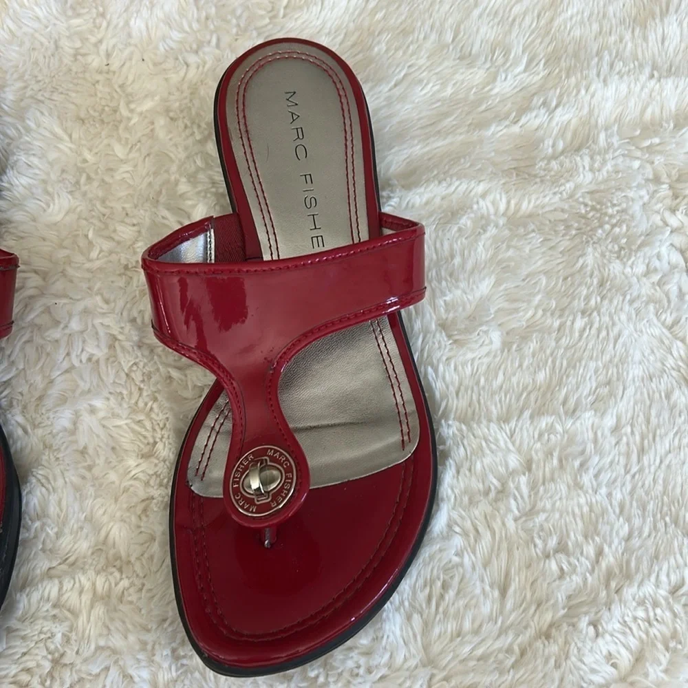 Marc Fisher Red  Patent Leather Sandals with Metallic Embellishment